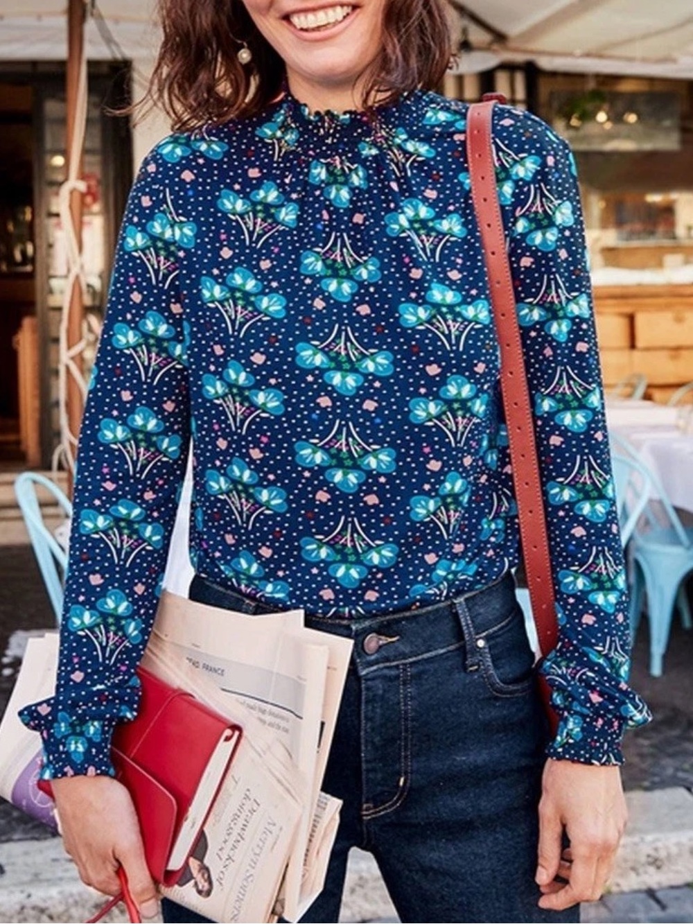 Boden Mockneck top blue floral shirt blouse